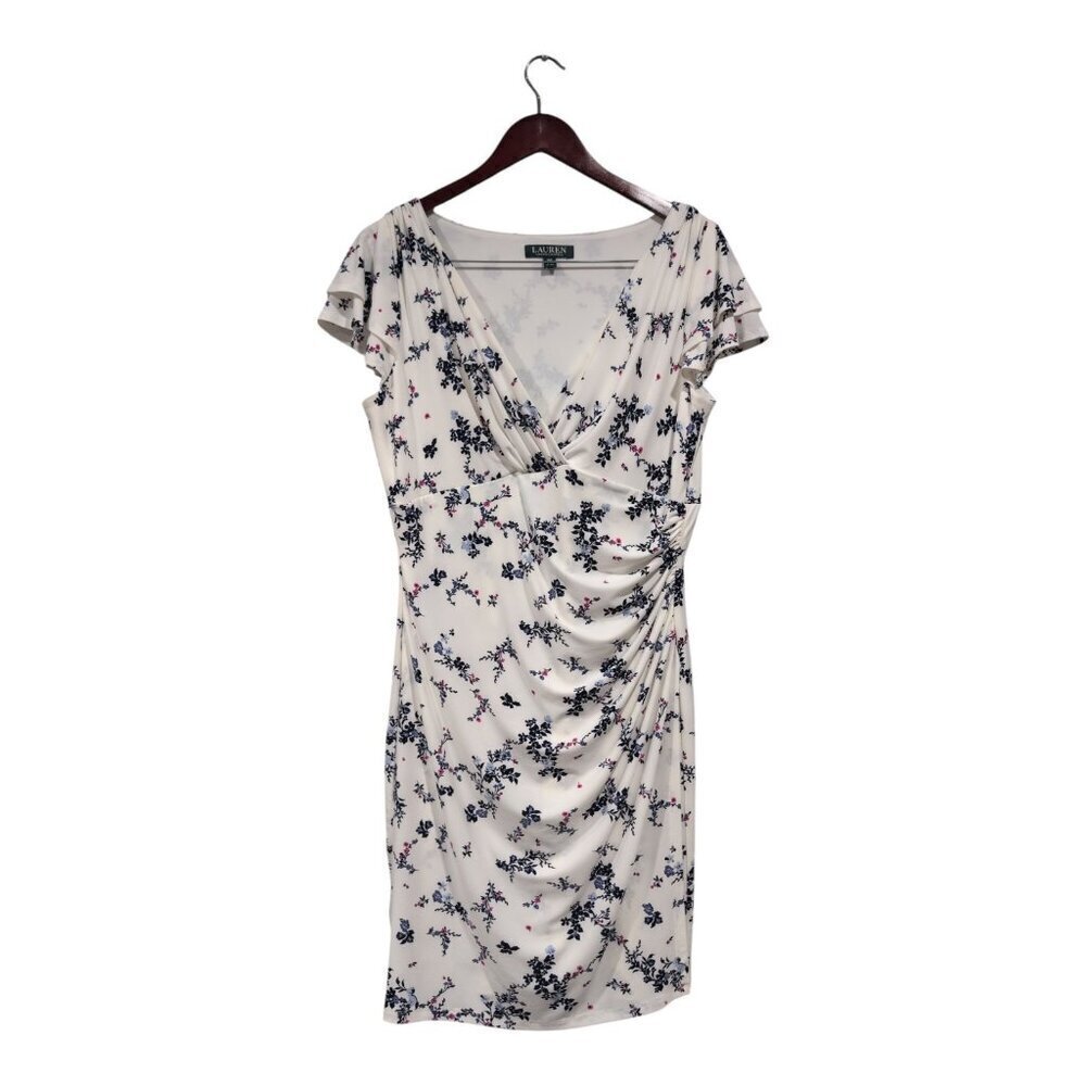 Ralph Lauren Faux Wrap Dress Women Sz 14 White Floral Knee Length Flutter Sleeve